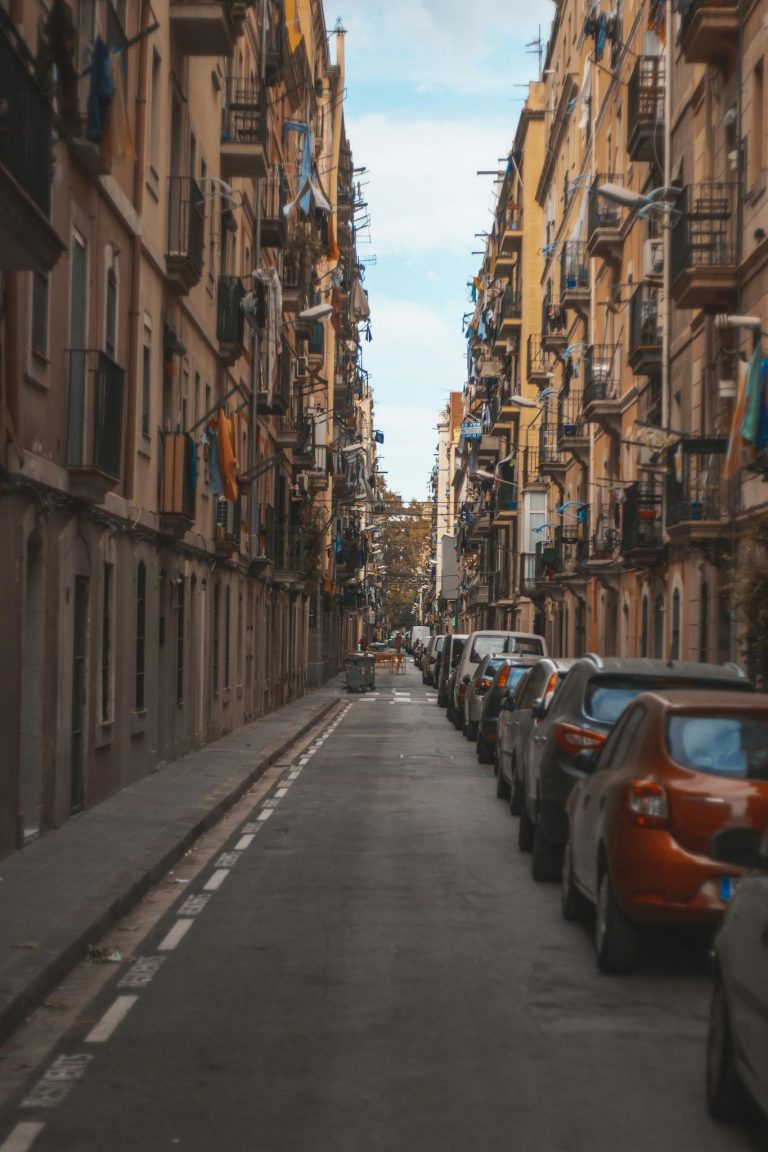 Narrow urban alley lined with parked cars and historic buildings under daylight.